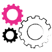 3 different color gear cogs, pink, black and white